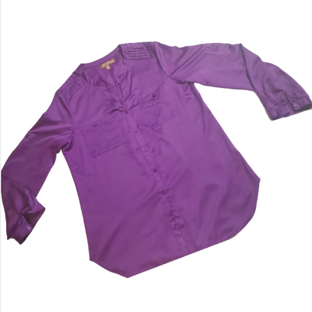 Ellen Tracy Roll-Cuff Button-Down V-Neck, Long-sleeve Blouse, M, Purple